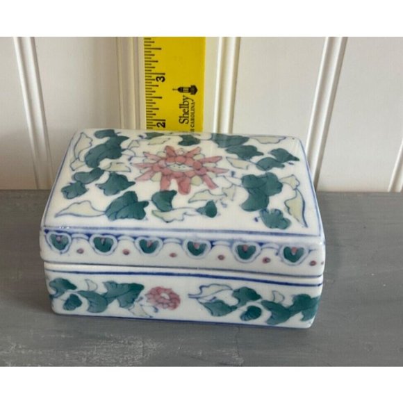 Vintage Trinket Box Small Rectangle Floral Ivy Pink Green Blue Ceramic Lid China - Picture 8 of 8